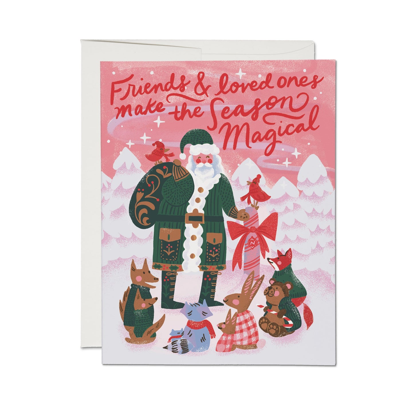 Christmas card with Santa Claus and animals in a snowy scene, featuring text 'Friends & loved ones make the season magical'.