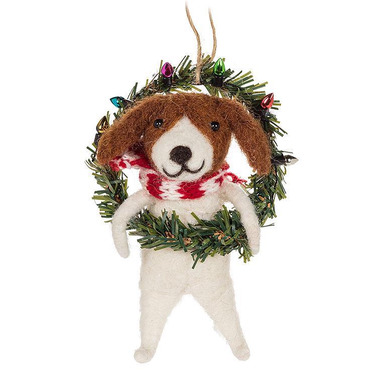 Dog with Wreath Felt Ornament