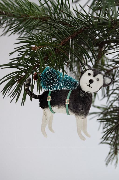 Husky with Tree Felt Ornament