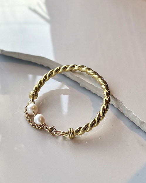 Twisted Cuff + Pearl Chain Lobster Claw Closure Bracelet