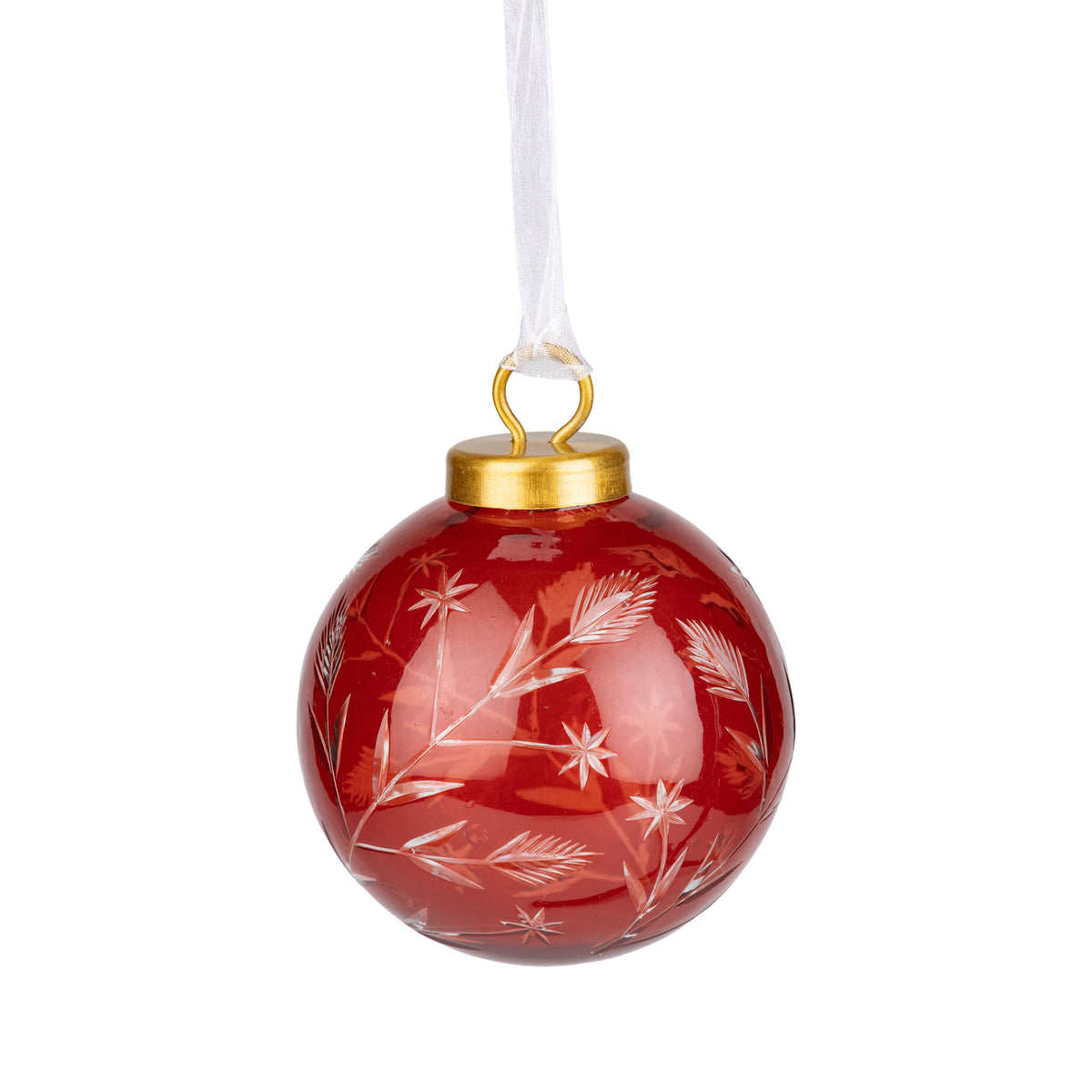 Hand Etched Red Botanical Glass Ball Ornament