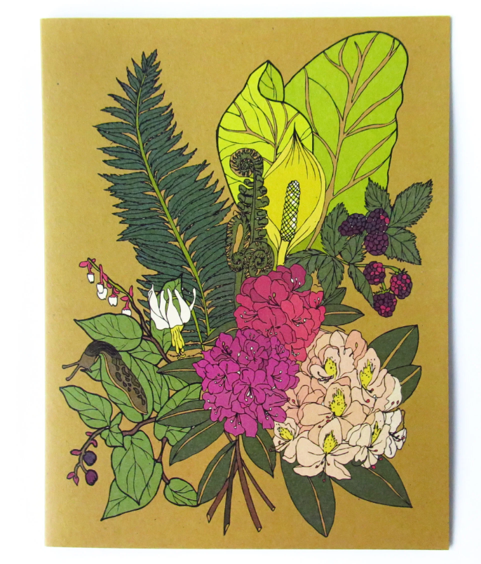 Card with colorful floral and leaf design on a mustard yellow background