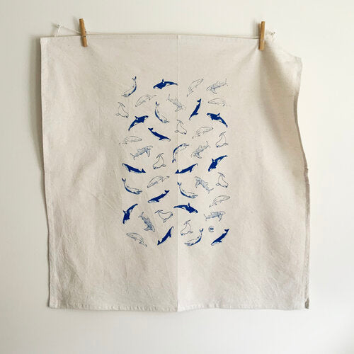 Whales Hand Printed Organic Tea Towel