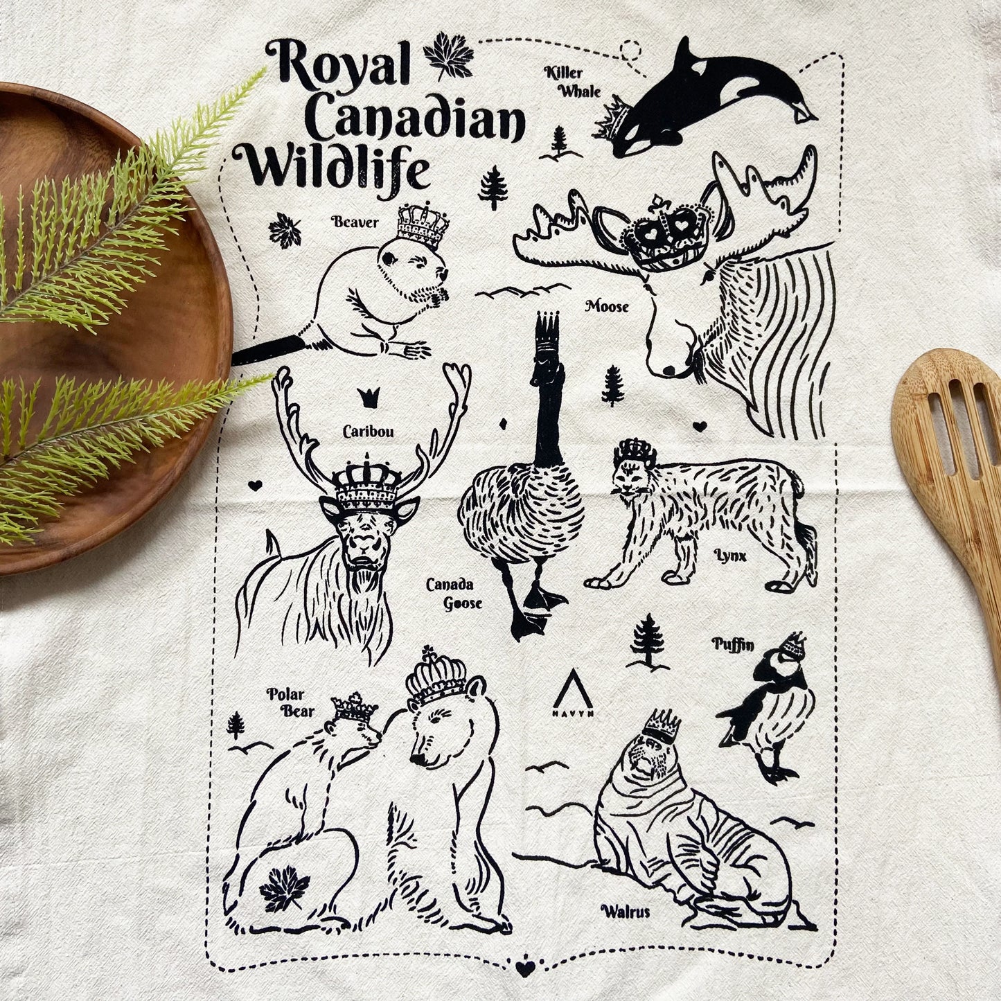 Black Royal Canadian Wildlife Hand Printed Organic Tea Towel