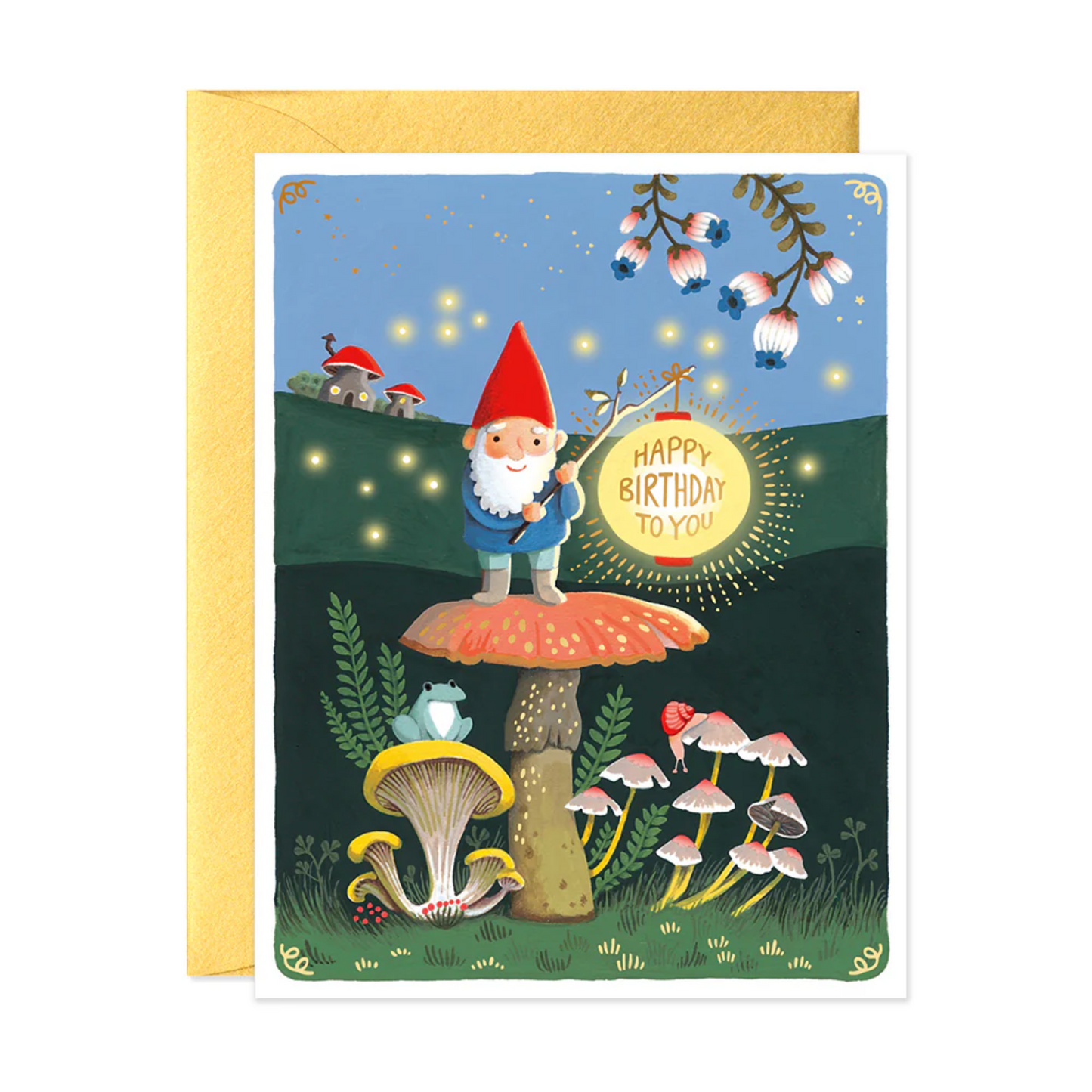 A hand illustrated greeting card with a gnome character, mushrooms, and a birthday message, featuring gold and neon details on a yellow background.