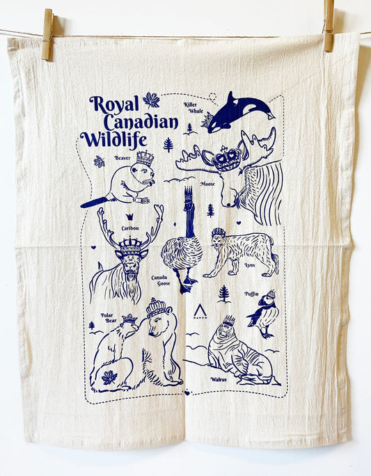 Blue Royal Canadian Wildlife Hand Printed Organic Tea Towel