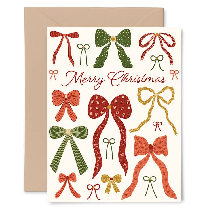 Christmas card with colorful bows and 'Merry Christmas' text on a white background.