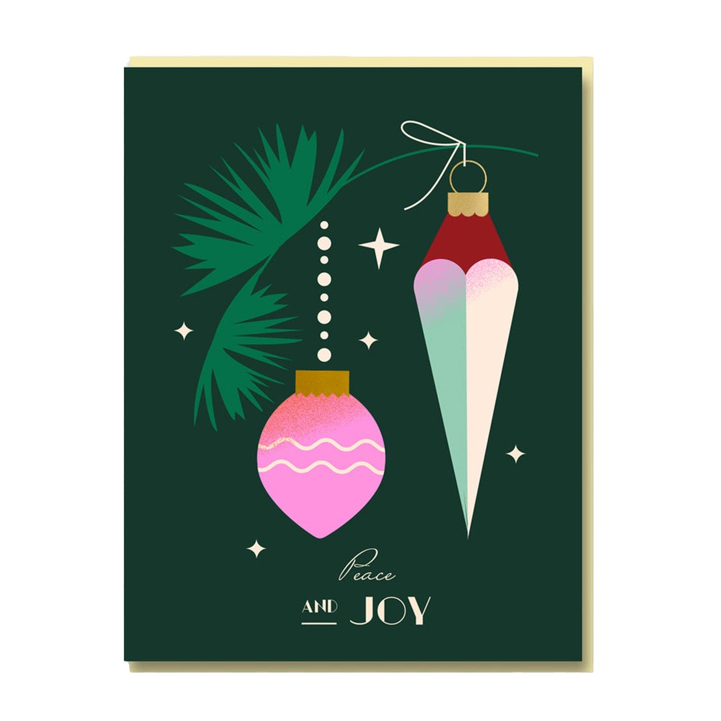 Decorative card with Christmas ornaments and 'Peace and Joy' text on a green background