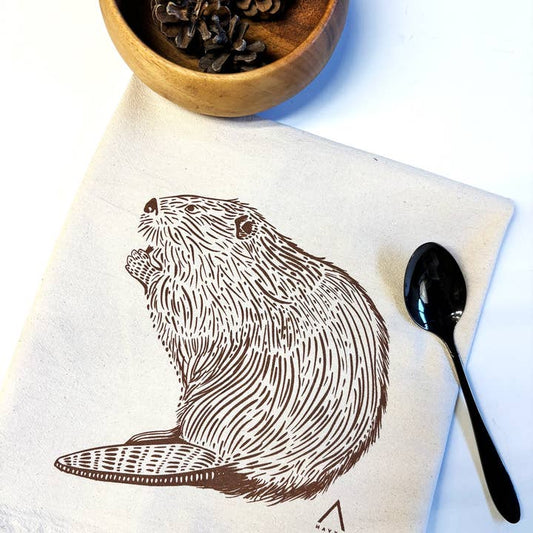 Beaver Hand Printed Organic Tea Towel
