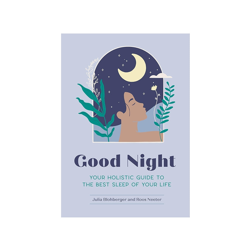 Book cover of 'Good Night' with a stylized illustration of a person under a crescent moon.