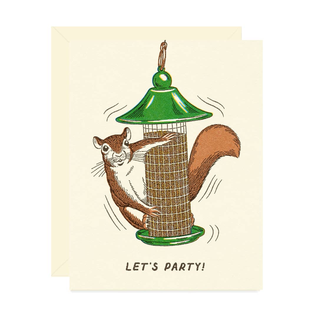 Party Squirrel in Bird Feeder Birthday Card