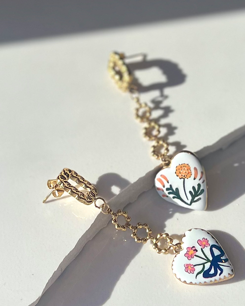 14K Mismatched Goldplate Dangle + Floral Heart Charm Earrings