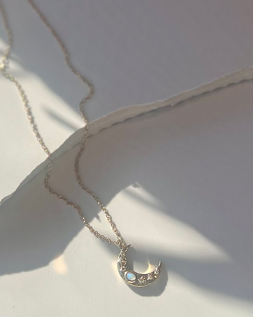 Textured Crescent Moon + Opal Necklace
