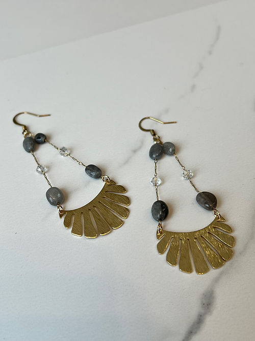 Brass Sun Ray + Beaded Labradorite Earrings