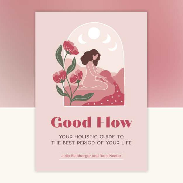 Book cover of 'Good Flow' with a woman, flowers, and a moon on a pink background