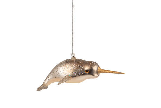 Glittered Narwhal Glass Ornament