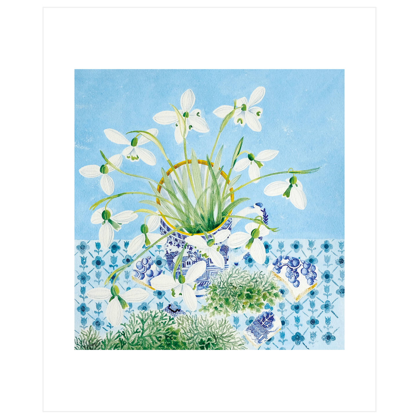 Snowdrops and Lichen Blue Art Card