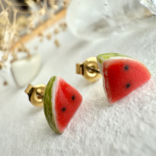 "Melencia" Porcelain Watermelon Slice Stud Earrings