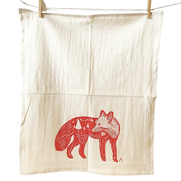 Fox Hand Printed Organic Tea Towel