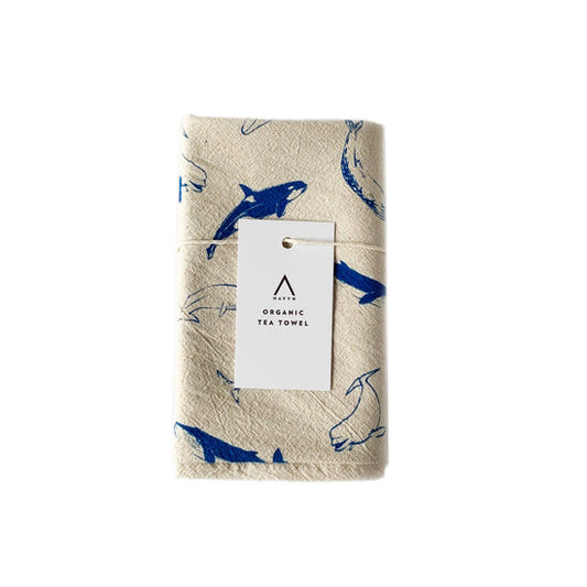 Whales Hand Printed Organic Tea Towel