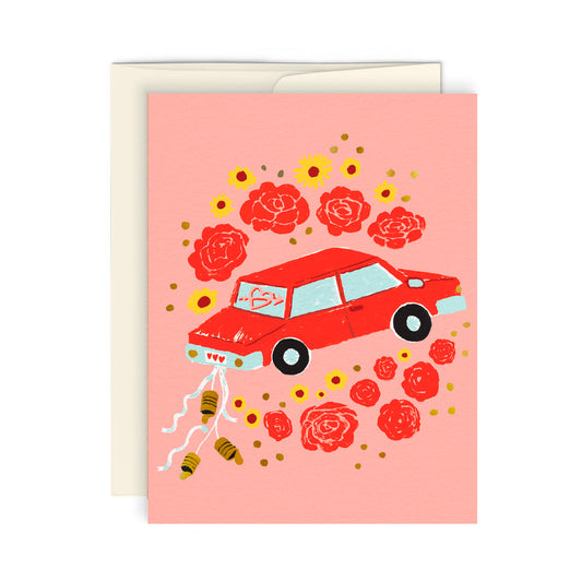 Red Car & Roses Just Married Card