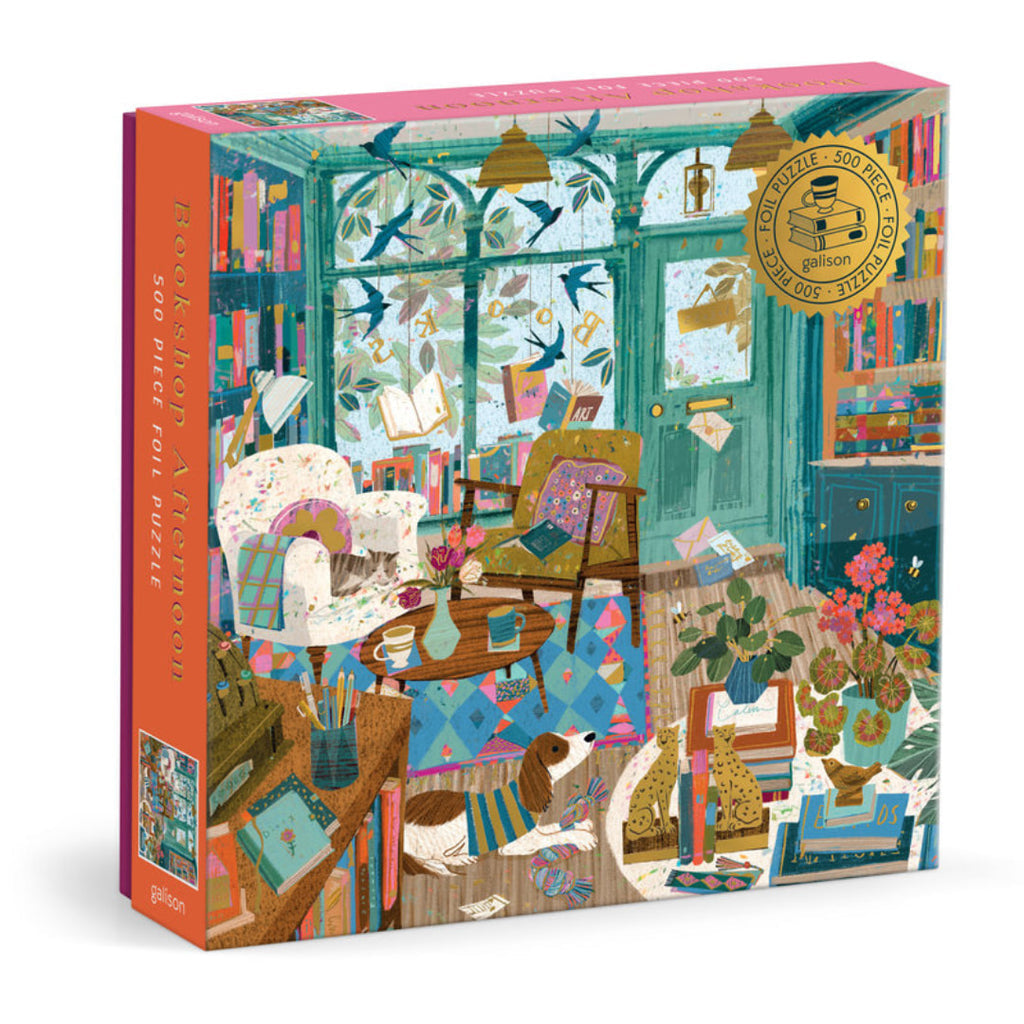 Puzzle box with colorful illustration of a cozy room with books and furniture, featuring a dog.