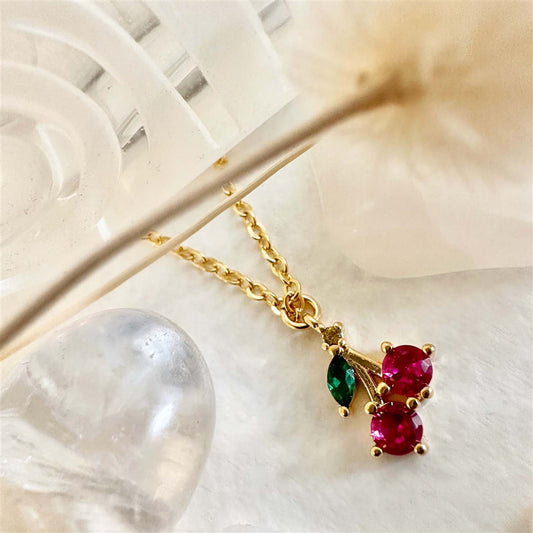 "Pomona" Tiny Rhinestone Cherry Charm Necklace