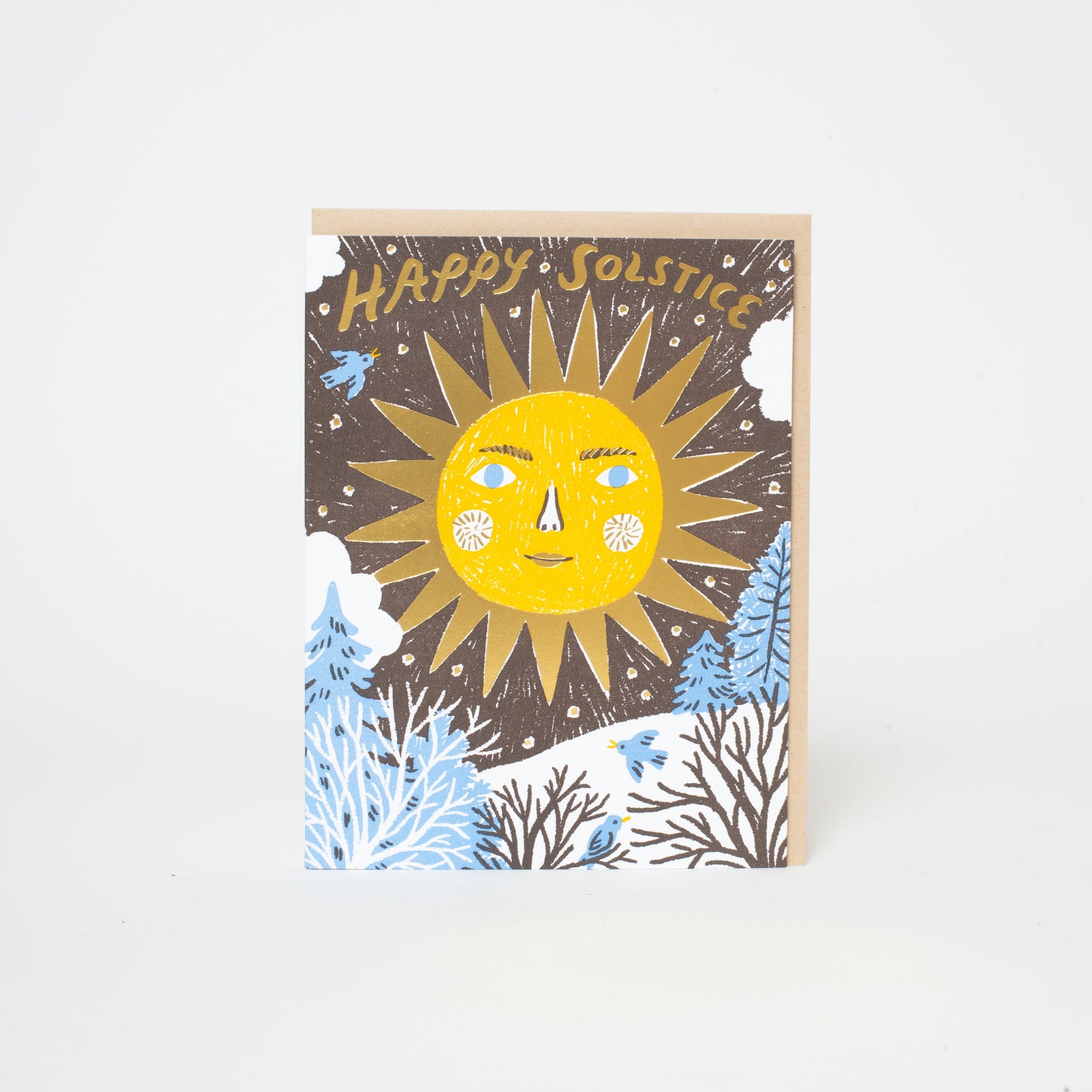 Greeting card with a sun illustration and 'Happy Solstice' text on a white background