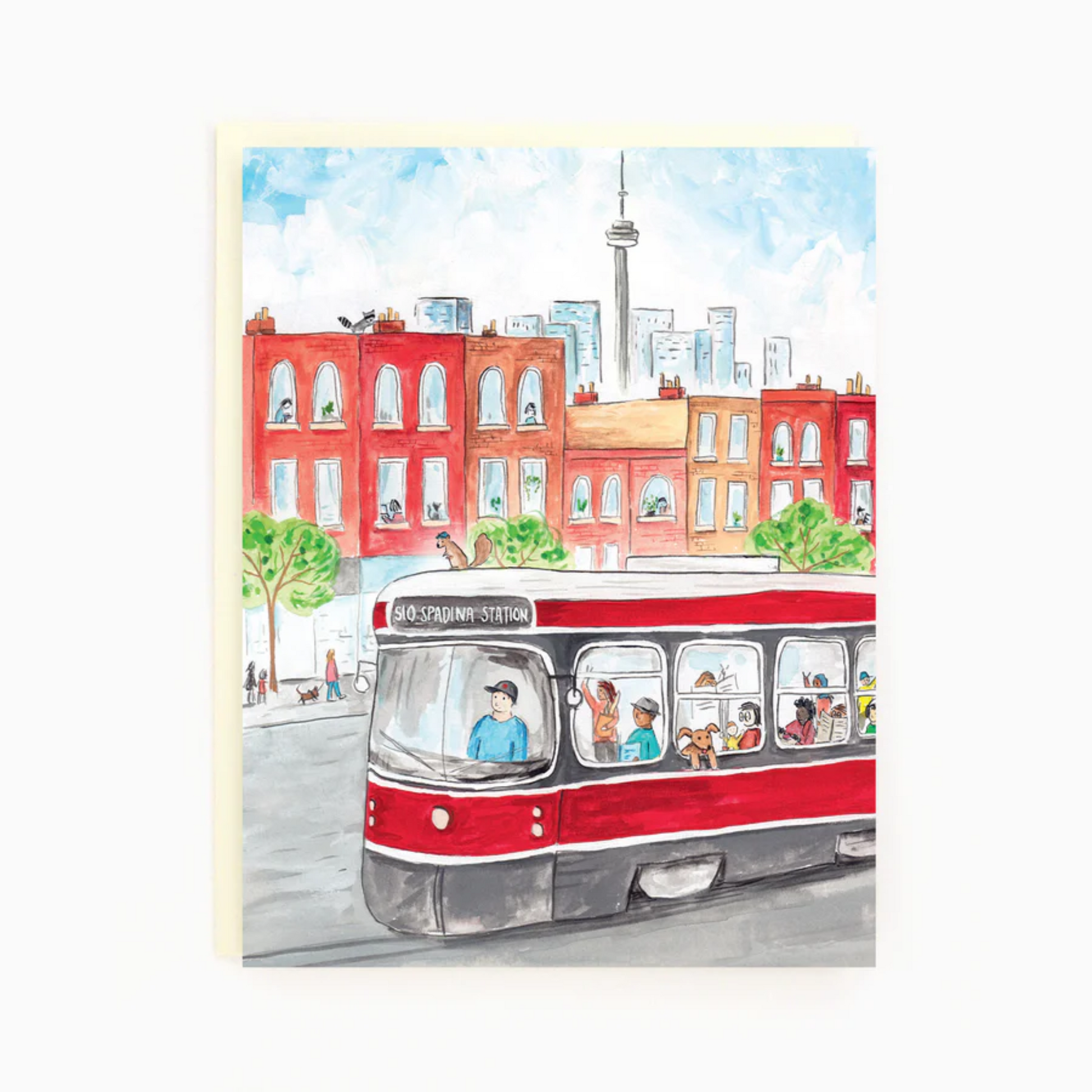 A colorful illustration of a Toronto Spadina Streetcar with a cityscape background, including buildings and a skyline, on a cardstock with a blank interior for a personal message.