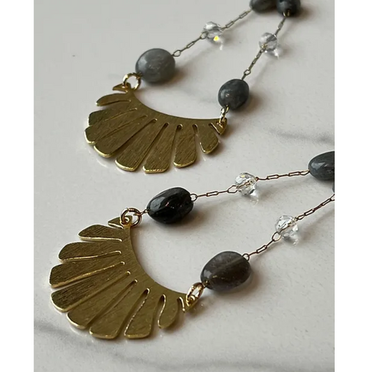 Brass Sun Ray + Beaded Labradorite Earrings