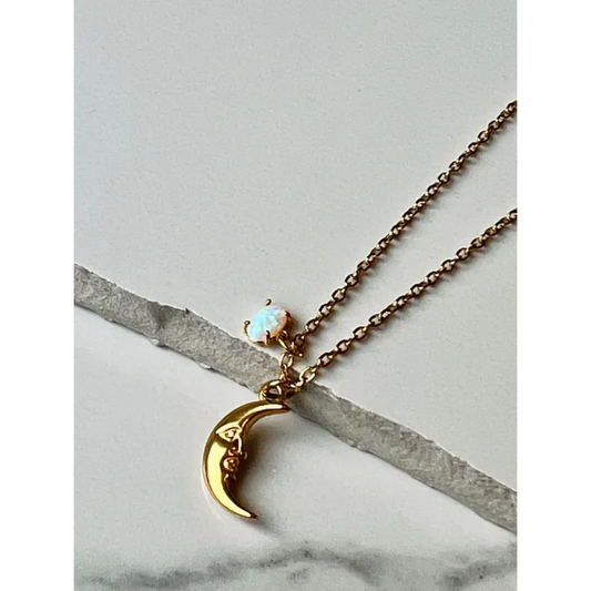 Crescent Moon + Opal Pendant Necklace