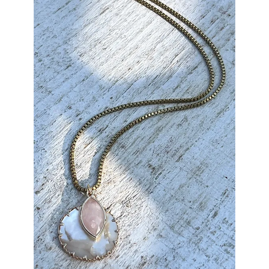 Mother Of Pearl + Rose Quartz Boxchain Necklace