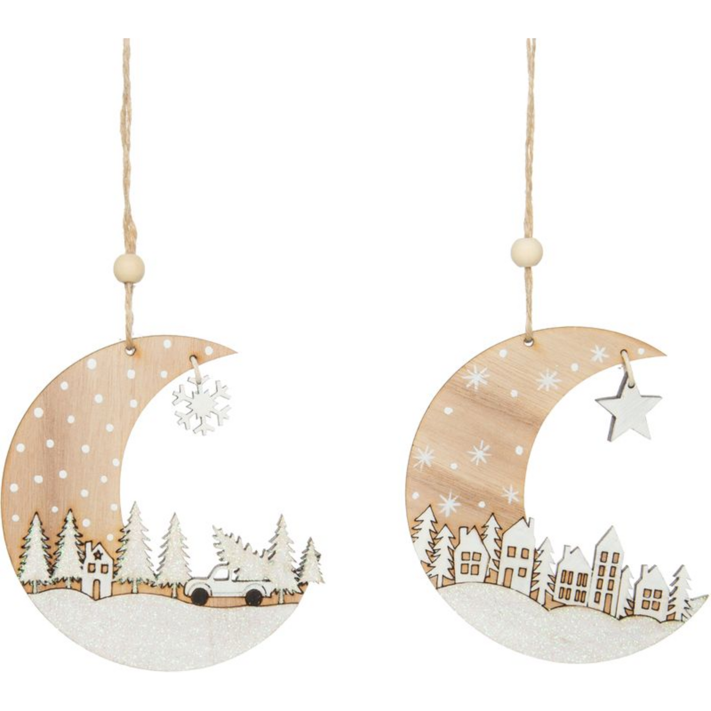 Village Scene Crescent Moon Wood Ornament