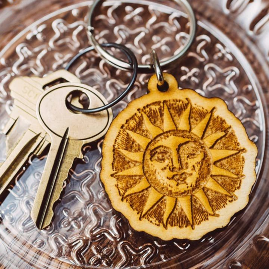 Woodcut Sun Wooden Keychain