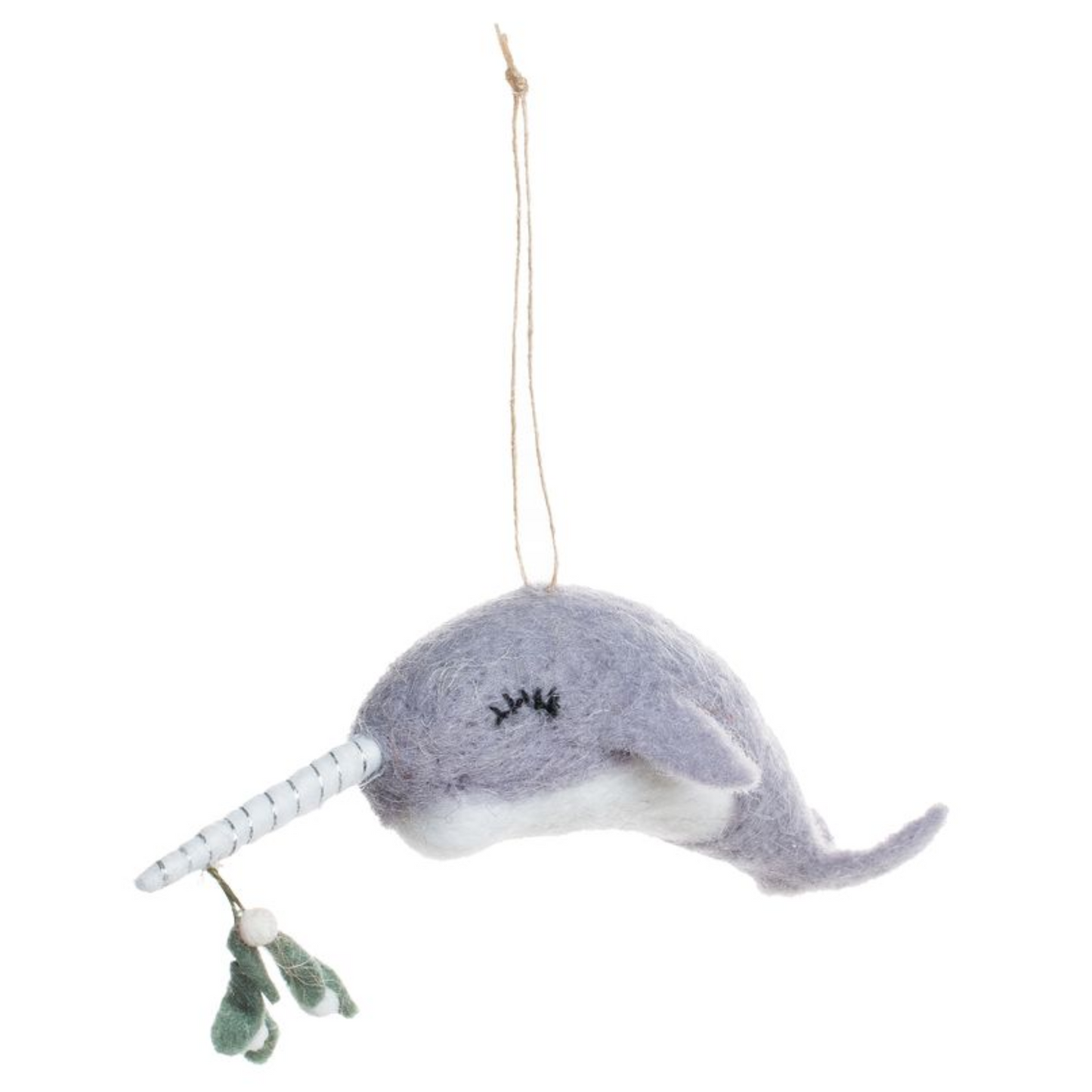 Narwhal Felt Ornament with Mistletoe Trim