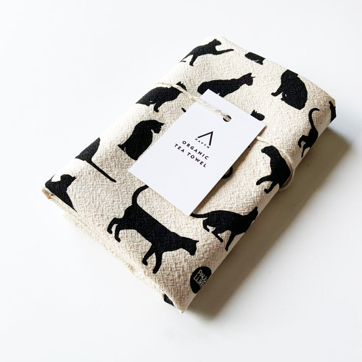 Cats Hand Printed Organic Tea Towel