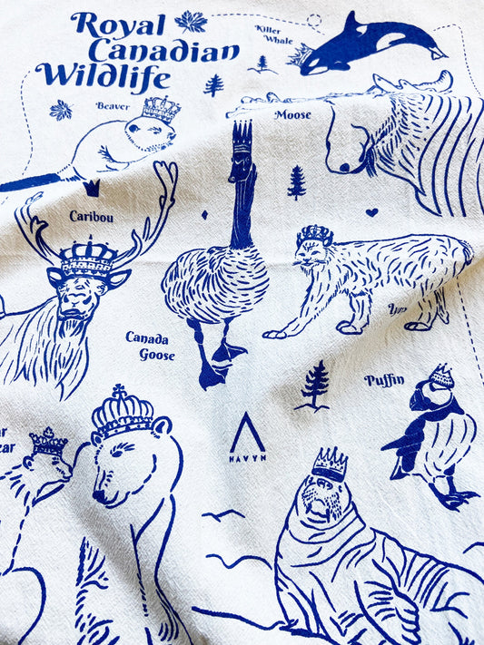 Blue Royal Canadian Wildlife Hand Printed Organic Tea Towel
