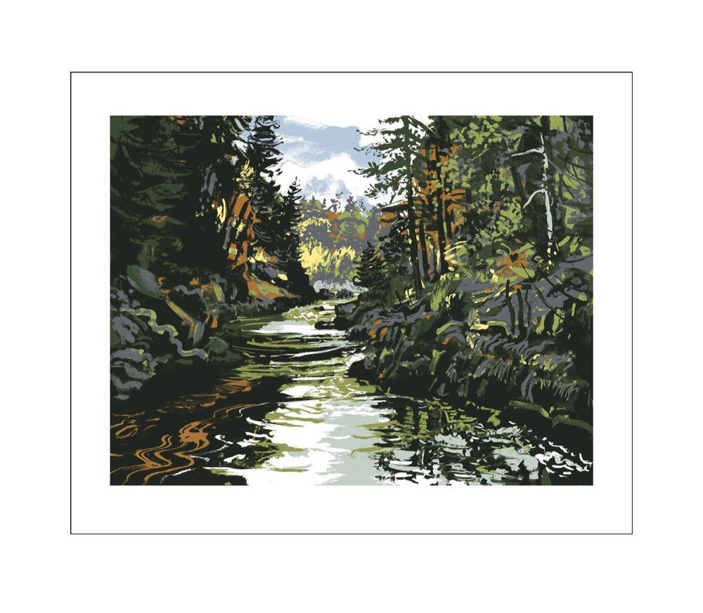 Painting of a forest scene with a stream