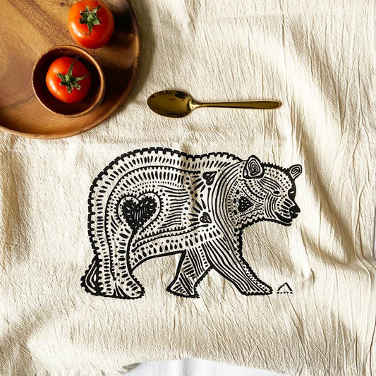 Bear Hand Printed Organic Tea Towel