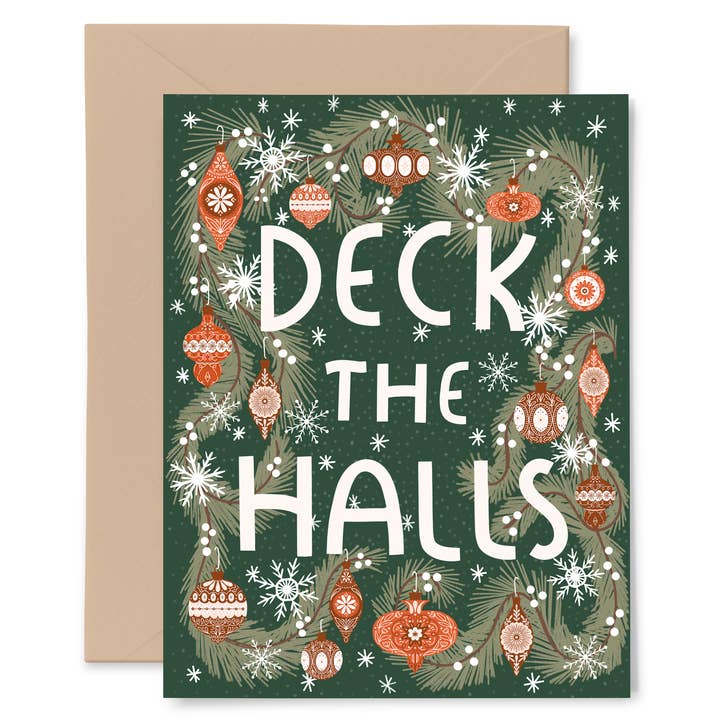 Christmas card with 'Deck the Halls' text and festive decorations on a green background.
