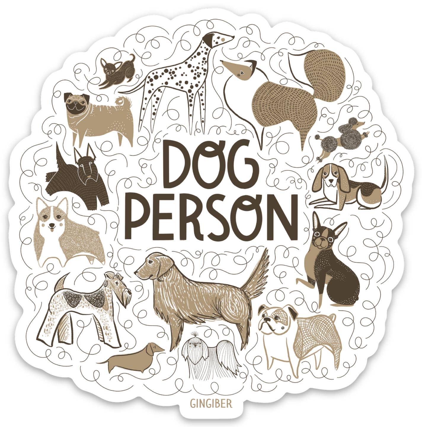 Sticker with various dog illustrations and 'Dog Person' text, brand 'Gingiber' visible.