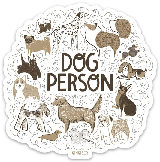 Sticker with various dog illustrations and 'Dog Person' text, brand 'Gingiber' visible.