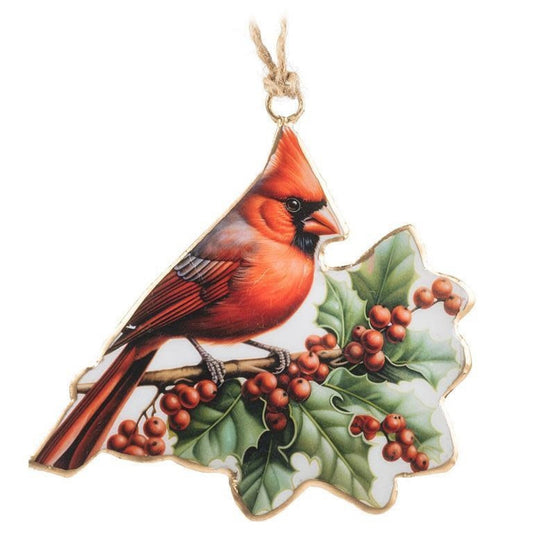 Metal Cardinal & Holly Ornament